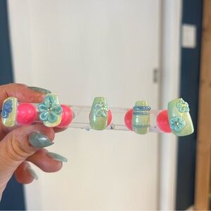 Floral Green and Blue Press-On Nails